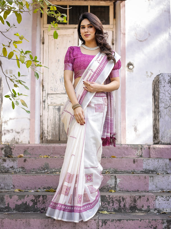 Elegant Off White Linen Saree with White Lotus Print & Silver Zari Border
