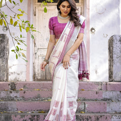 Elegant Off White Linen Saree with White Lotus Print & Silver Zari Border