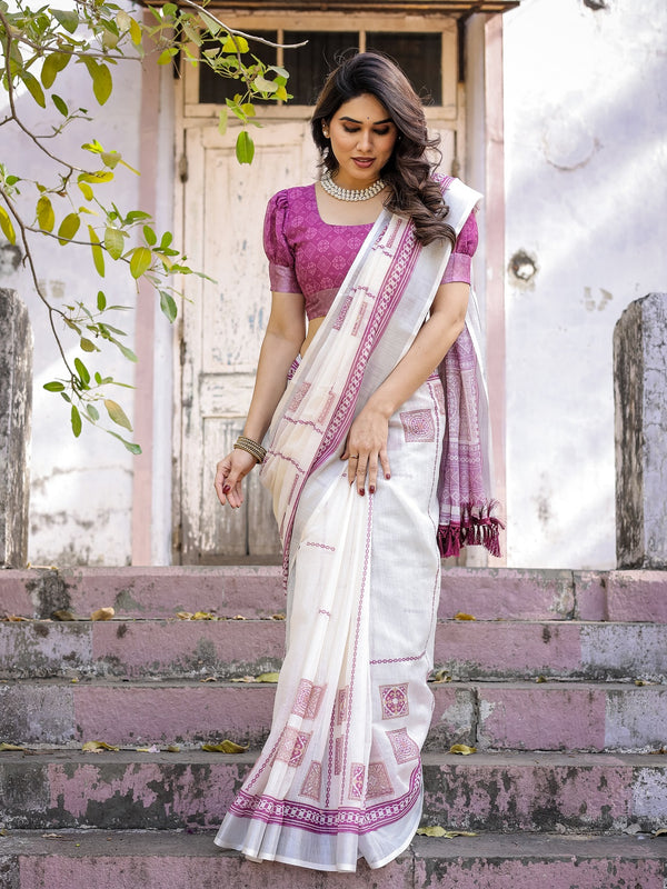 Elegant Off White Linen Saree with White Lotus Print & Silver Zari Border