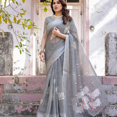 Elegant Grey Linen Saree with White Lotus Print & Silver Zari Border