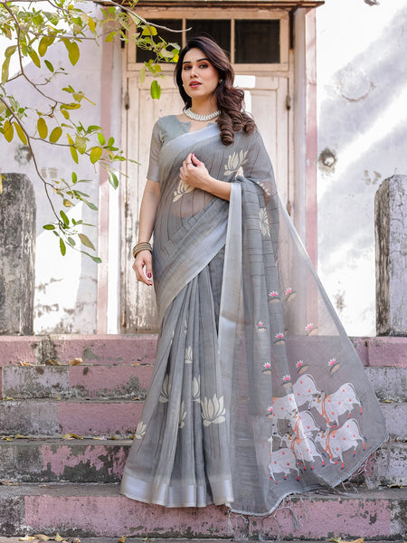 Elegant Grey Linen Saree with White Lotus Print & Silver Zari Border