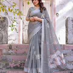 Elegant Grey Linen Saree with White Lotus Print & Silver Zari Border