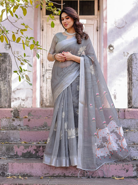 Elegant Grey Linen Saree with White Lotus Print & Silver Zari Border