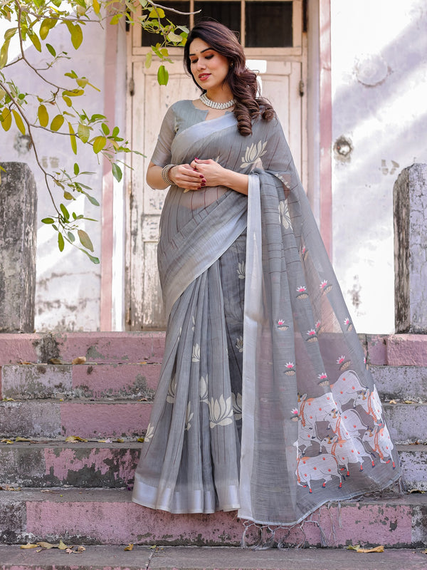 Elegant Grey Linen Saree with White Lotus Print & Silver Zari Border