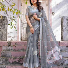 Elegant Grey Linen Saree with White Lotus Print & Silver Zari Border