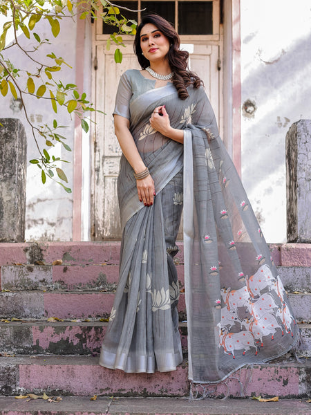 Elegant Grey Linen Saree with White Lotus Print & Silver Zari Border