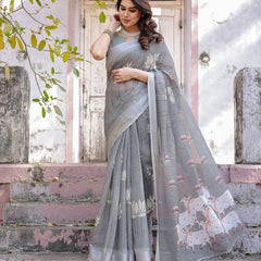 Elegant Grey Linen Saree with White Lotus Print & Silver Zari Border