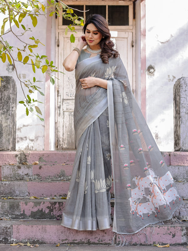 Elegant Grey Linen Saree with White Lotus Print & Silver Zari Border