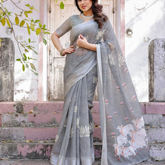 Elegant Grey Linen Saree with White Lotus Print & Silver Zari Border