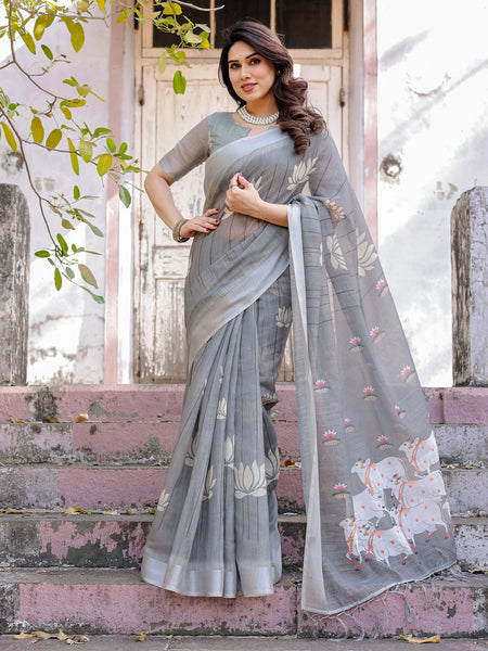 Elegant Grey Linen Saree with White Lotus Print & Silver Zari Border