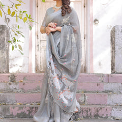 Elegant Grey Linen Saree with White Lotus Print & Silver Zari Border
