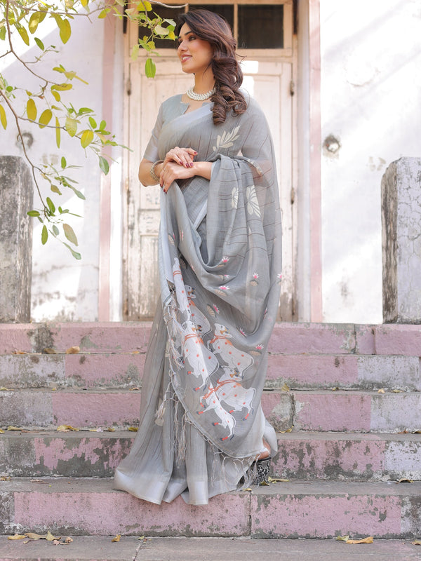 Elegant Grey Linen Saree with White Lotus Print & Silver Zari Border