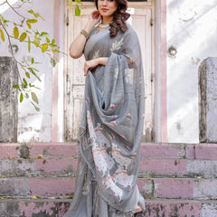 Elegant Grey Linen Saree with White Lotus Print & Silver Zari Border
