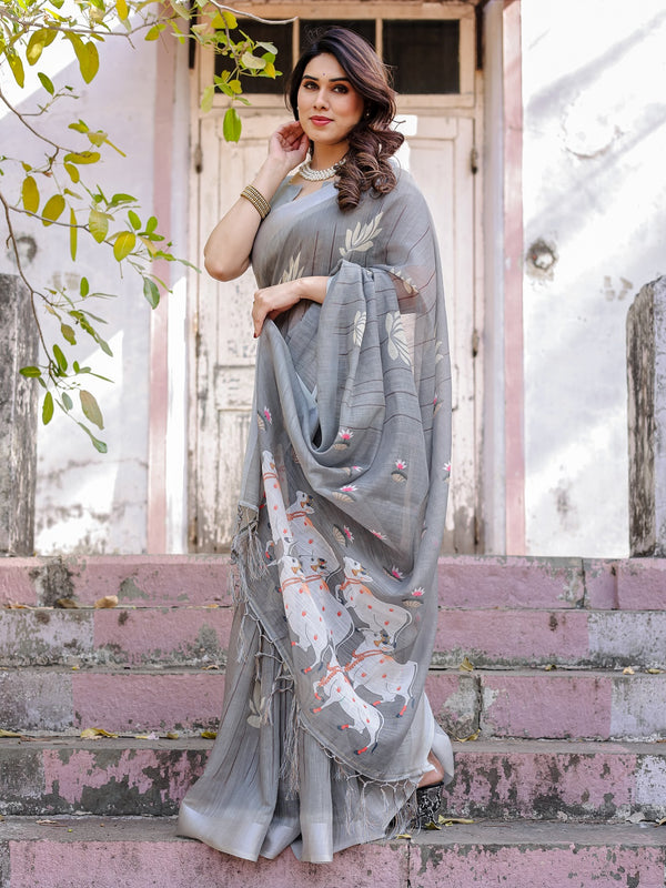 Elegant Grey Linen Saree with White Lotus Print & Silver Zari Border