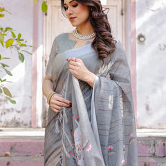 Elegant Grey Linen Saree with White Lotus Print & Silver Zari Border