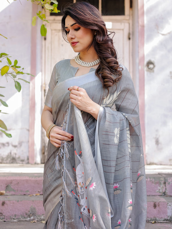 Elegant Grey Linen Saree with White Lotus Print & Silver Zari Border