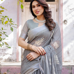 Elegant Grey Linen Saree with White Lotus Print & Silver Zari Border