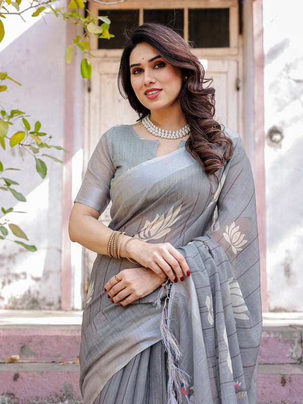 Elegant Grey Linen Saree with White Lotus Print & Silver Zari Border