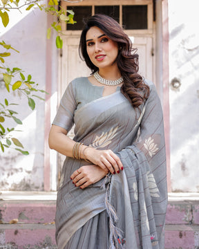 Elegant Grey Linen Saree with White Lotus Print & Silver Zari Border