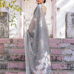 Elegant Grey Linen Saree with White Lotus Print & Silver Zari Border