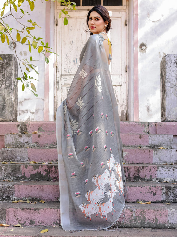 Elegant Grey Linen Saree with White Lotus Print & Silver Zari Border