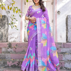 Elegant Multicolor Linen Saree with White Lotus Print & Silver Zari Border