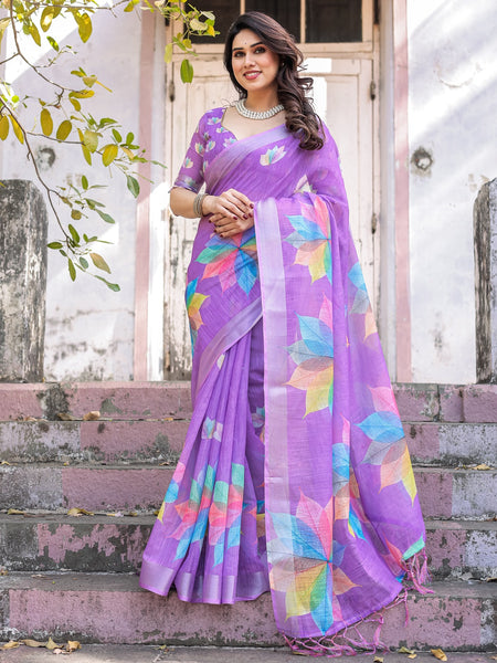 Elegant Multicolor Linen Saree with White Lotus Print & Silver Zari Border