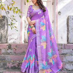 Elegant Multicolor Linen Saree with White Lotus Print & Silver Zari Border