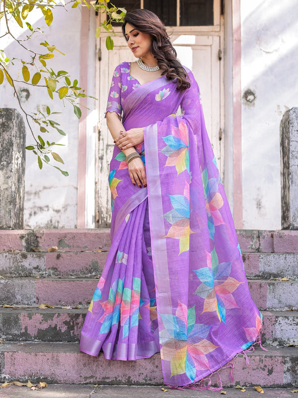 Elegant Multicolor Linen Saree with White Lotus Print & Silver Zari Border
