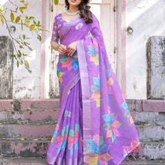 Elegant Multicolor Linen Saree with White Lotus Print & Silver Zari Border
