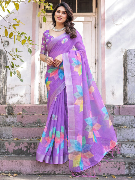 Elegant Multicolor Linen Saree with White Lotus Print & Silver Zari Border