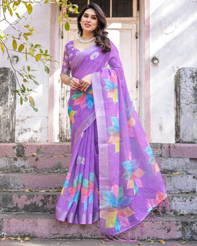 Elegant Multicolor Linen Saree with White Lotus Print & Silver Zari Border