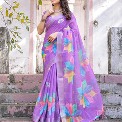 Elegant Multicolor Linen Saree with White Lotus Print & Silver Zari Border