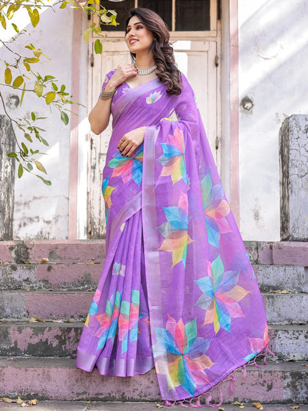 Elegant Multicolor Linen Saree with White Lotus Print & Silver Zari Border