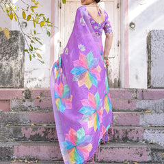 Elegant Multicolor Linen Saree with White Lotus Print & Silver Zari Border