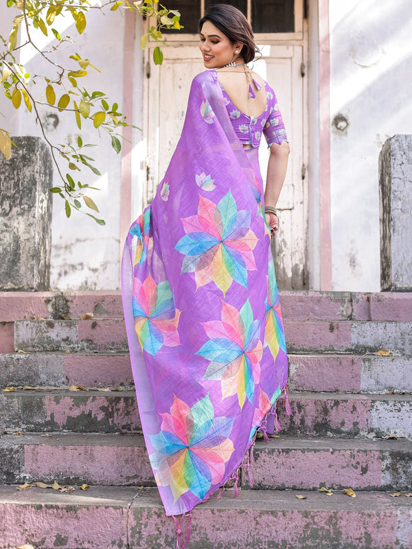 Elegant Multicolor Linen Saree with White Lotus Print & Silver Zari Border