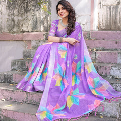 Elegant Multicolor Linen Saree with White Lotus Print & Silver Zari Border