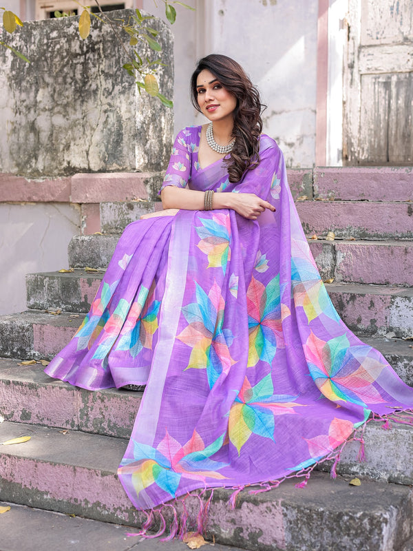 Elegant Multicolor Linen Saree with White Lotus Print & Silver Zari Border