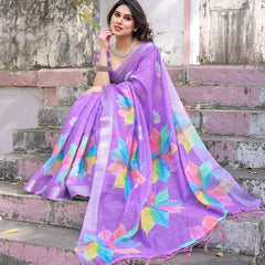 Elegant Multicolor Linen Saree with White Lotus Print & Silver Zari Border