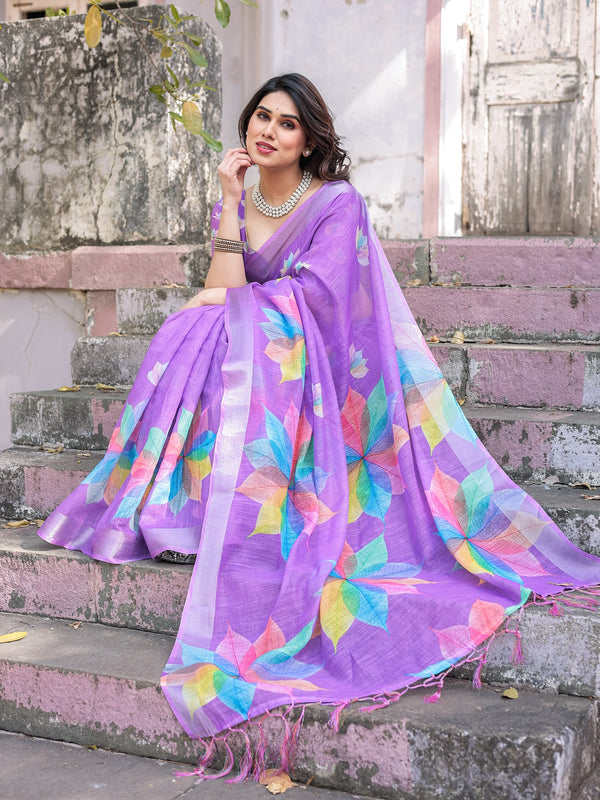 Elegant Multicolor Linen Saree with White Lotus Print & Silver Zari Border