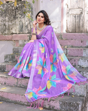 Elegant Multicolor Linen Saree with White Lotus Print & Silver Zari Border