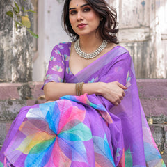 Elegant Multicolor Linen Saree with White Lotus Print & Silver Zari Border