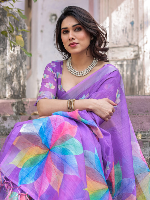 Elegant Multicolor Linen Saree with White Lotus Print & Silver Zari Border