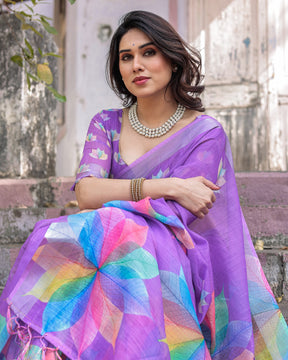 Elegant Multicolor Linen Saree with White Lotus Print & Silver Zari Border