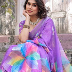 Elegant Multicolor Linen Saree with White Lotus Print & Silver Zari Border