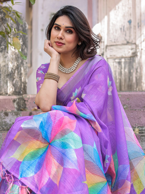 Elegant Multicolor Linen Saree with White Lotus Print & Silver Zari Border