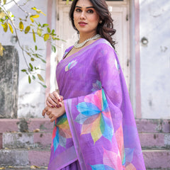 Elegant Multicolor Linen Saree with White Lotus Print & Silver Zari Border