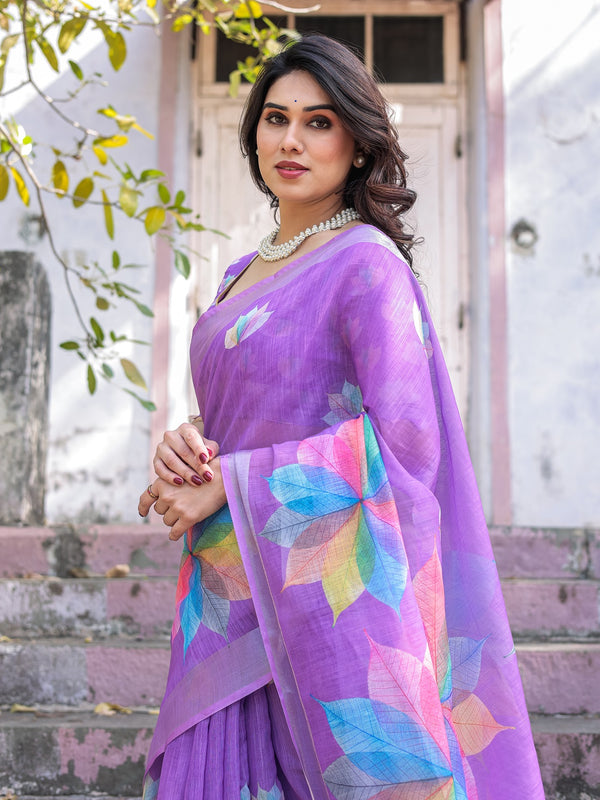 Elegant Multicolor Linen Saree with White Lotus Print & Silver Zari Border