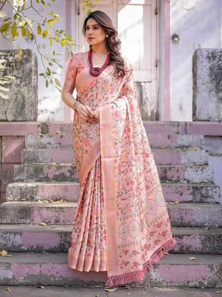 Printed Peach Linen Saree for Women with Multicolor Pallu and Ethnic Border – Lightweight Casual Wear