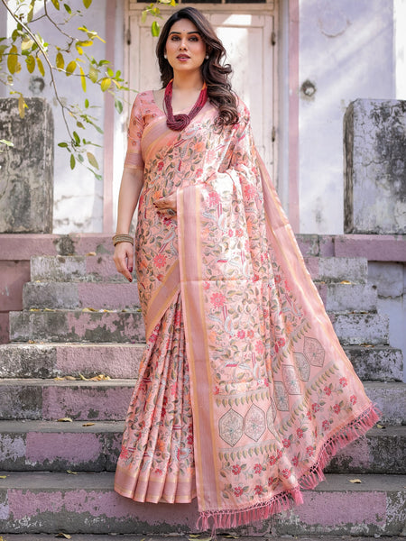 Printed Peach Linen Saree for Women with Multicolor Pallu and Ethnic Border – Lightweight Casual Wear
